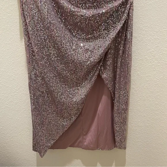 NEW Ienna for Macduggal SEQUINED ONE SHOULDER FAUX WRAP DRESS mauve multicolor